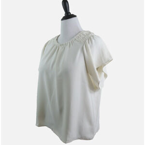 Ann Taylor Size Petite L Tiered Sleeve Boatneck Blouse Ivory Crepe